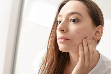 Portrait of young woman with acne problem looking in mirrorの写真素材