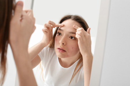 Young woman with acne problem squishing pimples in front of mirrorの写真素材