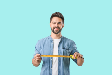 Young man with measuring tape on color backgroundの写真素材