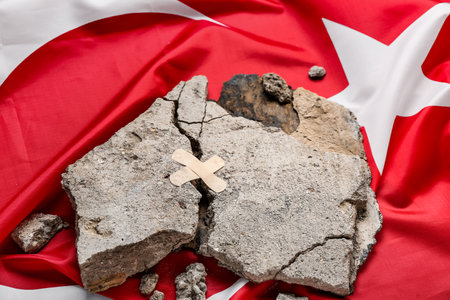 Stone debris with medical plasters on Turkish flag, closeup. Turkey earthquake conceptの写真素材