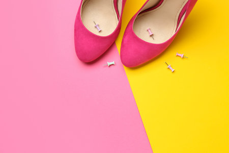 Heels with pins on color background. April Fools' Day celebrationの写真素材