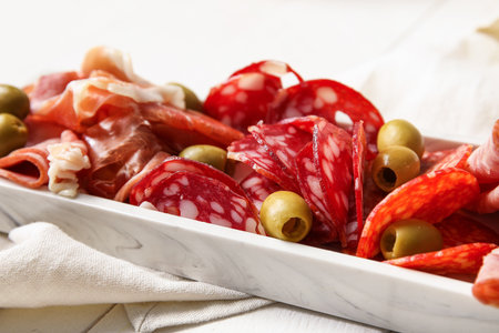 Plate with assortment of tasty deli meats on white wooden background, closeupの写真素材