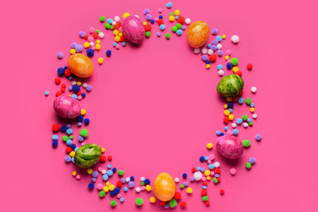 Frame made of Easter eggs with pompoms on pink backgroundの写真素材