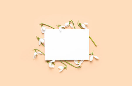 Beautiful snowdrops and blank greeting card on beige backgroundの写真素材