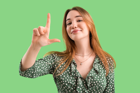 Young woman showing loser gesture on green backgroundの写真素材
