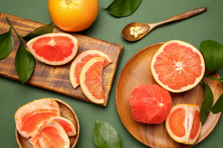 Composition with ripe grapefruits and plant leaves on green backgroundの写真素材