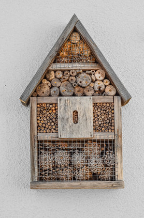 Wooden bird house on white wall outdoorsの写真素材