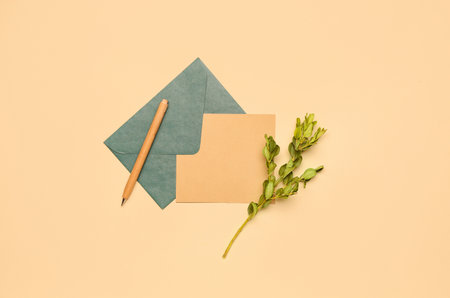 Composition with blank card, envelope, pen and plant branch on color backgroundの写真素材