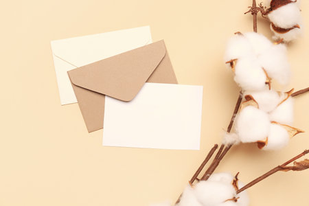 Composition with blank card, envelopes and cotton branch on color backgroundの写真素材