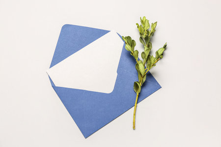 Envelope with blank card and plant branch on white backgroundの写真素材