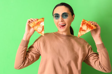 Beautiful woman in sunglasses with slices of tasty pizza on green backgroundの写真素材
