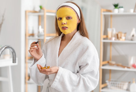 Young woman with sheet mask, turmeric roots and brush in bathroomの写真素材