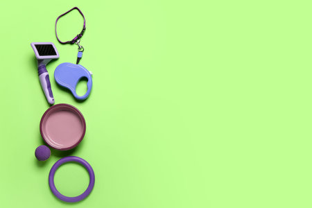 Pet care accessories on green background