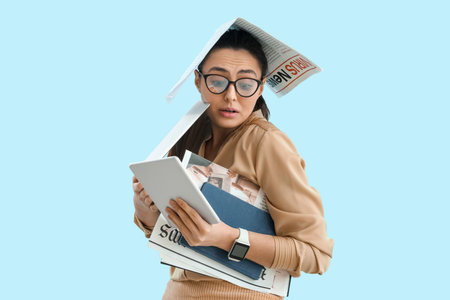 Young businesswoman with wristwatch, devices and newspapers on blue backgroundの写真素材