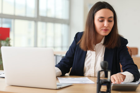 Female accountant working at table in officeの写真素材