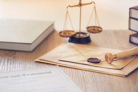 Documents with wax seals on table of notary publicの写真素材