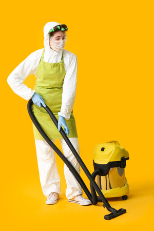 Housewife in protective suit and with vacuum cleaner on color backgroundの写真素材