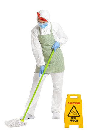 Housewife in protective costume, with mop and caution sign on white background