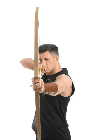 Handsome man with crossbow on white backgroundの写真素材