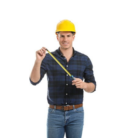 Young man with measuring tape on white backgroundの写真素材
