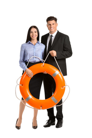 Young business people with lifebuoy on white backgroundの写真素材