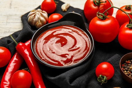 Bowl with tasty ketchup and fresh vegetables on table, closeupの写真素材