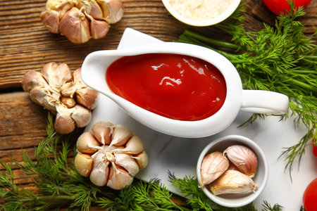 Gravy boat with tasty ketchup on wooden backgroundの写真素材