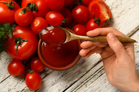Woman holding spoon with tasty ketchup on light wooden backgroundの写真素材