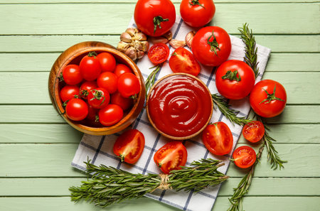 Bowl with tasty ketchup and fresh vegetables on green wooden backgroundの写真素材