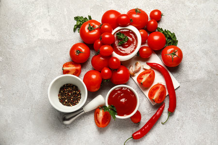 Bowls with tasty ketchup and fresh vegetables on light backgroundの写真素材