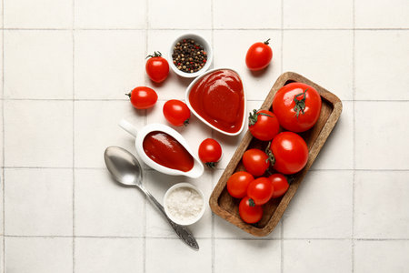 Gravy boat and bowl of tasty ketchup with fresh tomatoes on white tile backgroundの写真素材