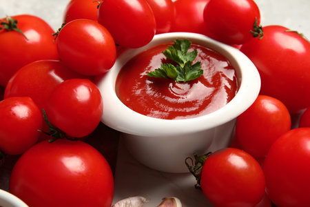 Bowl with tasty ketchup and fresh vegetables on table, closeup