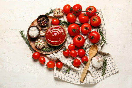 Bowl with tasty ketchup and fresh vegetables on light backgroundの写真素材