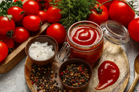 Jar with tasty ketchup and fresh vegetables on table, closeupの写真素材