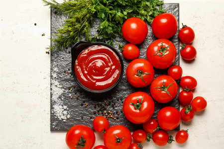 Bowl with tasty ketchup and fresh vegetables on light backgroundの写真素材