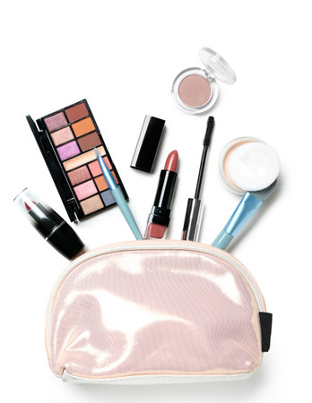 Set of different cosmetics with bag on white backgroundの写真素材