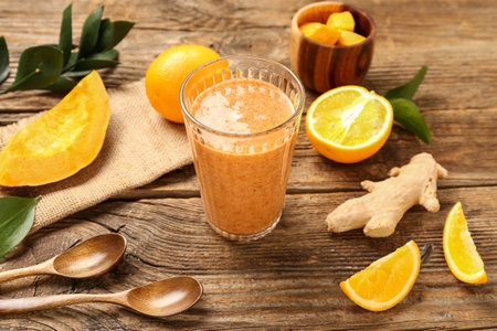 Composition with glass of healthy orange smoothie and ingredients on wooden tableの写真素材