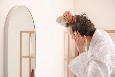 Young man combing hair near mirror in bathroomの写真素材
