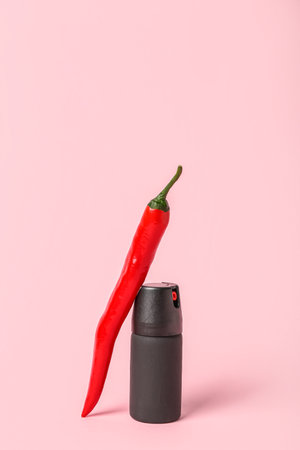 Spray with chili pepper on pink backgroundの写真素材