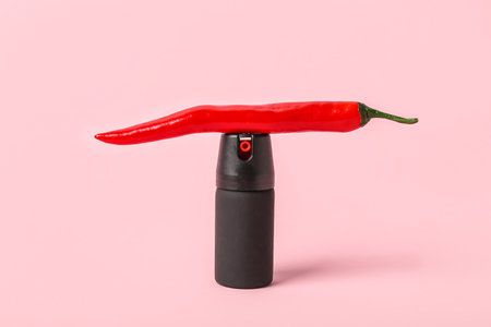 Spray with chili pepper on pink backgroundの写真素材
