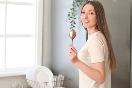 beautiful woman with golden spoon in kitchenの写真素材