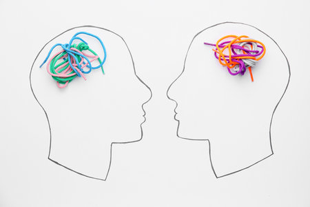 Drawn human heads and laces on white background. neurology conceptの写真素材