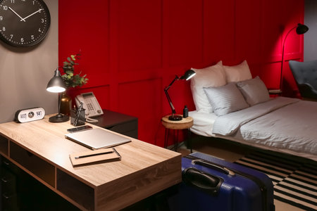 Interior of modern hotel room in the eveningの写真素材