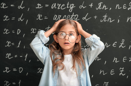 Stressed little schoolgirl near blackboard in classroomの写真素材