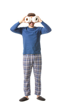 Funny young man with toilet paper on white backgroundの写真素材