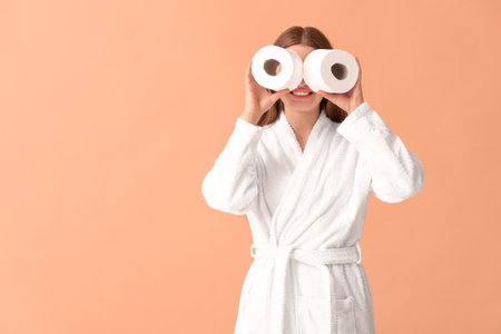 Funny young woman with toilet paper on color backgroundの写真素材
