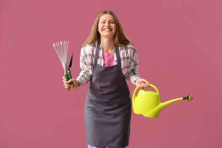 Young woman with watering can and gardening tools on color backgroundの写真素材