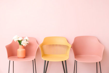Vase with beautiful peony flowers on chair near color wallの写真素材