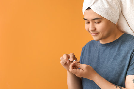 Funny Asian man doing manicure on color backgroundの写真素材