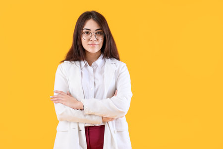 Beautiful young woman on color backgroundの写真素材